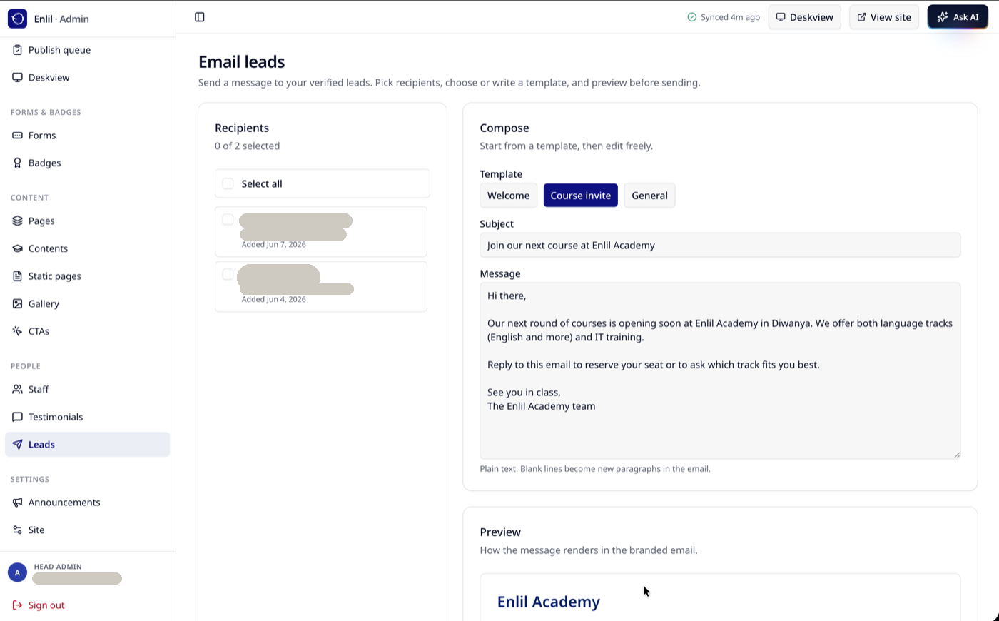 Built-in CRM — email leads