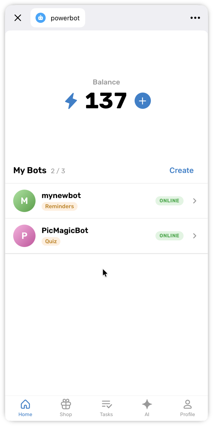 Telegram mini-app home